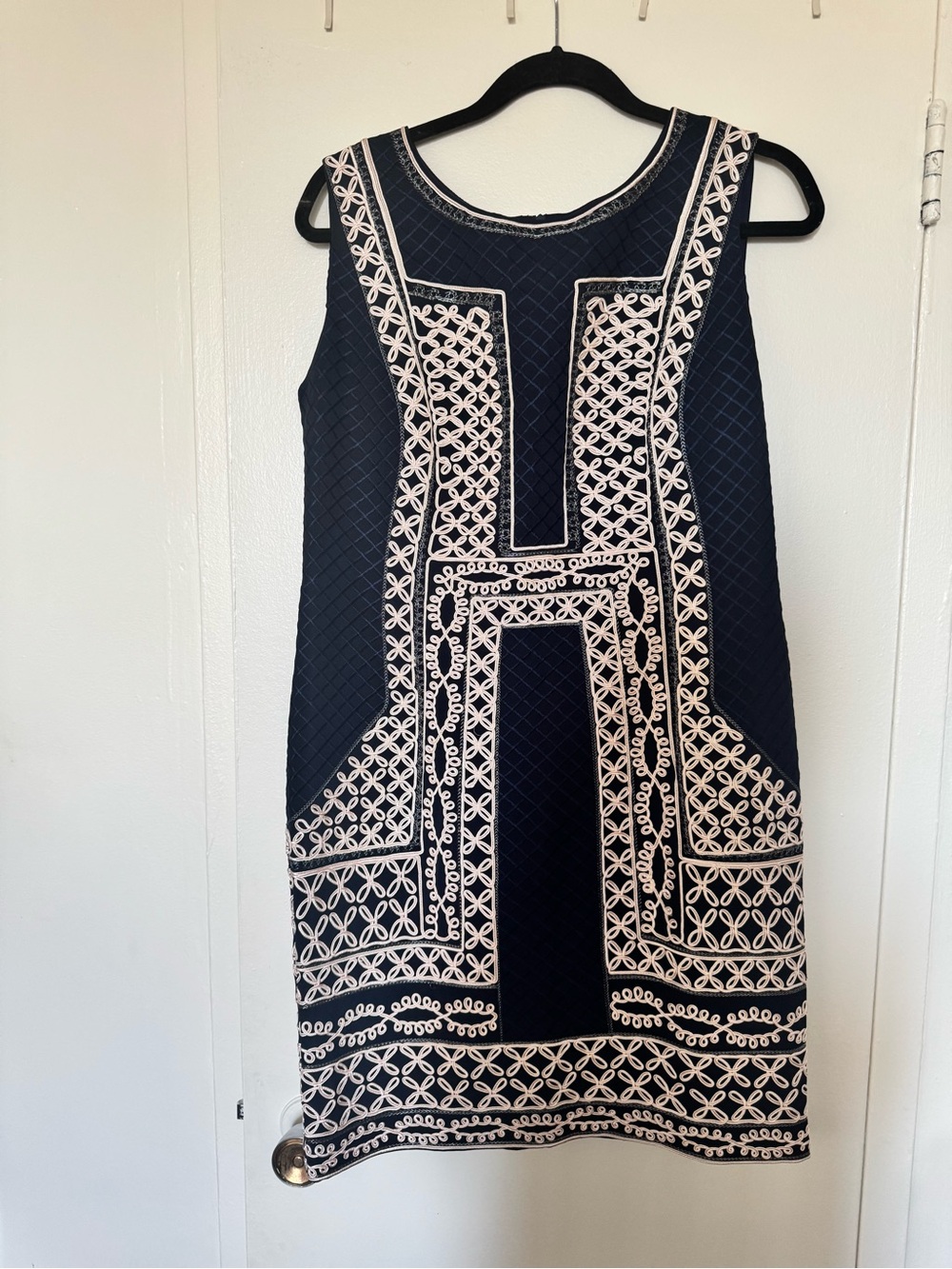 Navy and White Sleeveless Embroidered Shift Dress